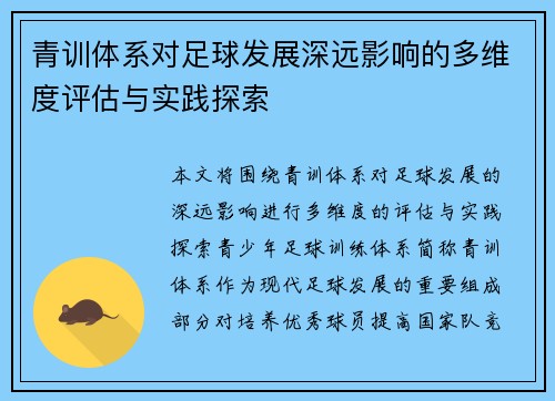 青训体系对足球发展深远影响的多维度评估与实践探索